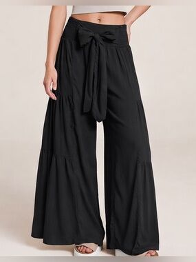 Boho Chic Tiered Wide-Leg Palazzo Pants – Flowy Smocked Waist with Bow Detail